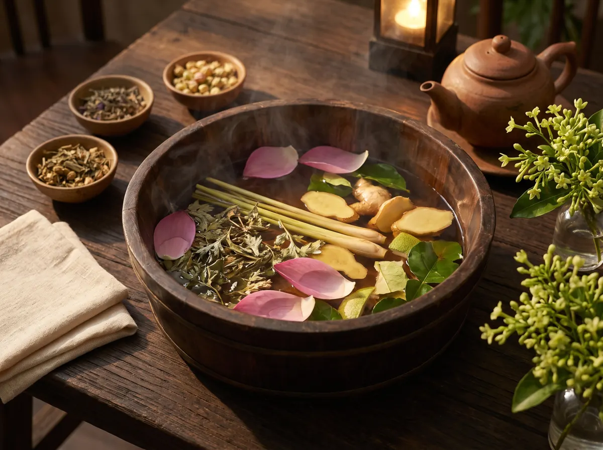 Chậu gỗ ngâm chân với gừng, sả, ngải cứu, lá bưởi và cánh sen